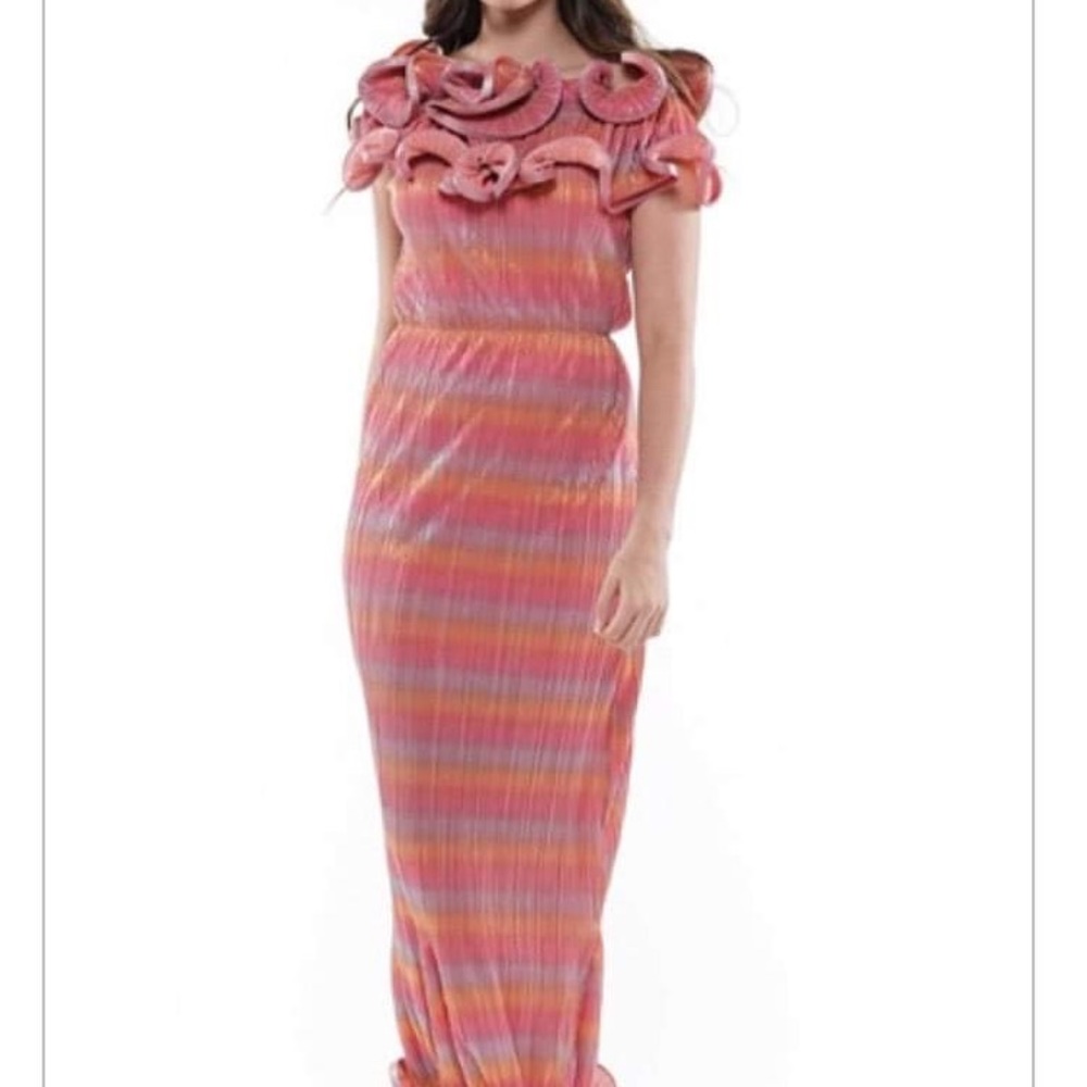 Shimmering dress, off shoulder ruffled top